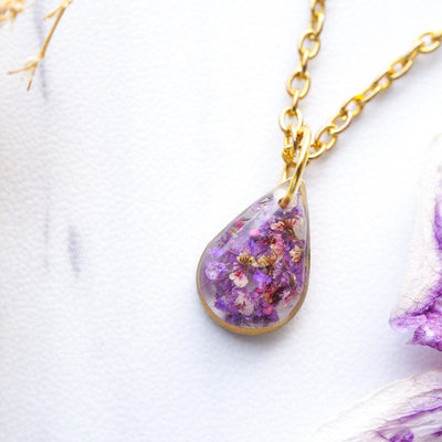 Real dried flowers and resin necklace, small gold teardrop in purples