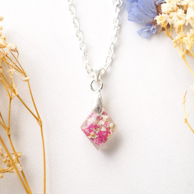 Real dried flowers in diamond resin necklace in pinks and white