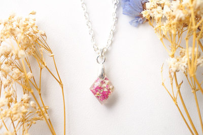 Real Dried Flowers in Diamond Resin Necklace in Pinks and White