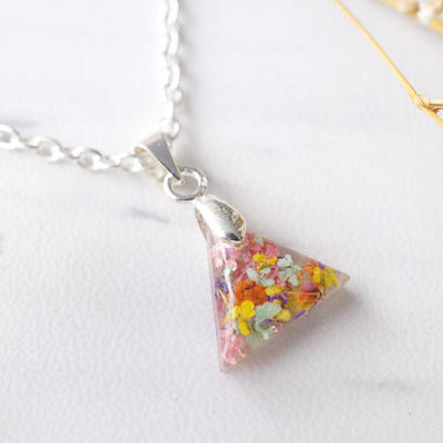 Real dried flowers in triangle resin necklace in pastel mix