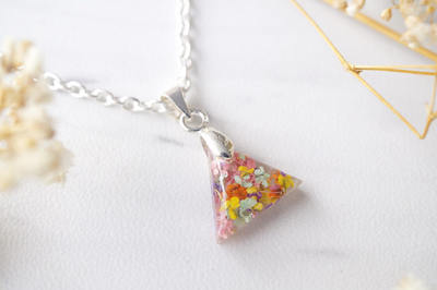 Real Dried Flowers in Triangle Resin Necklace in Pastel Mix