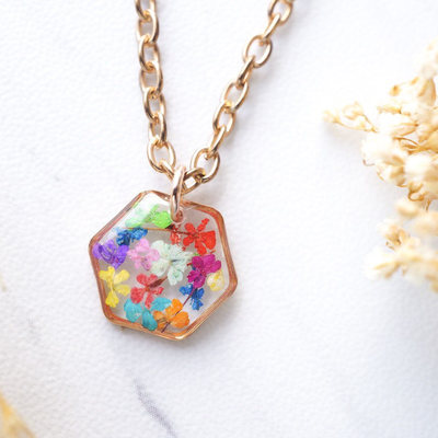 Real dried flowers in resin necklace, small rose gold hexagon in party mix