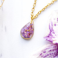 Real Dried Flowers and Resin Necklace, Small Gold Teardrop in Purples - Thumbnail 1
