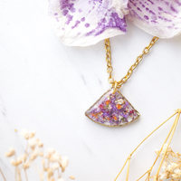 Real Dried Flowers and Resin Necklace, Small Gold Fan in Purples - Thumbnail 2