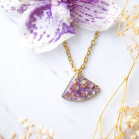 Real Dried Flowers and Resin Necklace, Small Gold Fan in Purples - Thumbnail 3