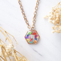 Real Dried Flowers in Resin Necklace, Small Rose Gold Hexagon in Party Mix - Thumbnail 2