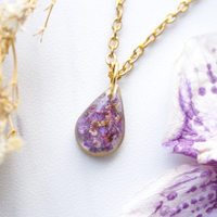 Real Dried Flowers and Resin Necklace, Small Gold Teardrop in Purples - Thumbnail 4