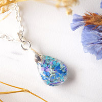 Real Dried Flowers in Teardrop Resin Necklace in Blue Mint Teal Purple - Thumbnail 3
