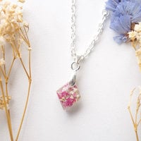 Real Dried Flowers in Diamond Resin Necklace in Pinks and White - Thumbnail 4