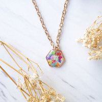 Real Dried Flowers in Resin Necklace, Small Rose Gold Hexagon in Party Mix - Thumbnail 4