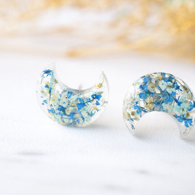 Real dried flowers and resin moon stud earrings in mint blue white