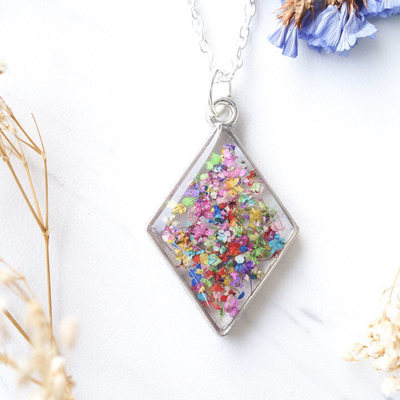 Real pressed flower and resin necklace silver diamond in party mix