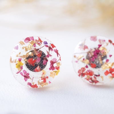 Real dried flowers and resin circle stud earrings in red pink and gold flakes