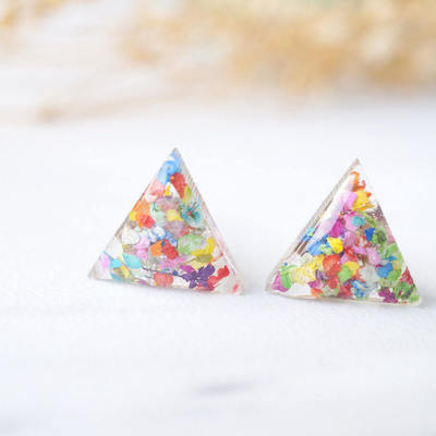 Real dried flowers and resin triangle stud earrings in party mix