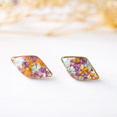 Real dried flowers and resin diamond stud earrings in purple pink orange mint