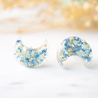 Real Dried Flowers and Resin Moon Stud Earrings in Mint Blue White - Thumbnail 1