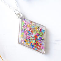 Real Pressed Flower and Resin Necklace Silver Diamond in Party Mix - Thumbnail 1