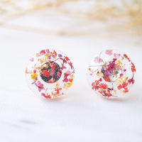 Real Dried Flowers and Resin Circle Stud Earrings in Red Pink and Gold Flakes - Thumbnail 1