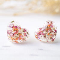 Real Dried Flowers and Resin Heart Stud Earrings in Pink Orange White - Thumbnail 1