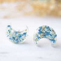 Real Dried Flowers and Resin Moon Stud Earrings in Mint Blue White - Thumbnail 3