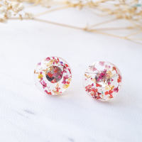 Real Dried Flowers and Resin Circle Stud Earrings in Red Pink and Gold Flakes - Thumbnail 2