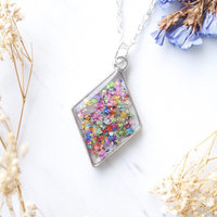 Real Pressed Flower and Resin Necklace Silver Diamond in Party Mix - Thumbnail 3