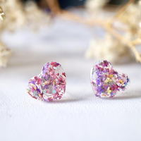 Real Dried Flowers and Resin Heart Stud Earrings in Pink Orange White - Thumbnail 4