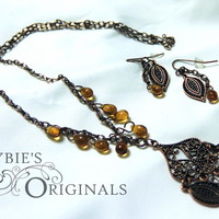 Antiqued Copper Filigree leaf necklace and Earrings - Thumbnail 2