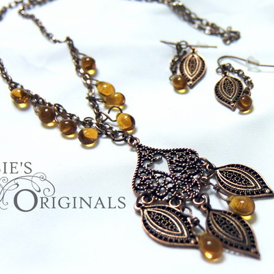 Antiqued copper filigree leaf necklace and earrings