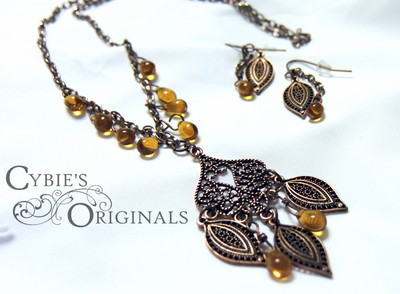 Antiqued Copper Filigree leaf necklace and Earrings