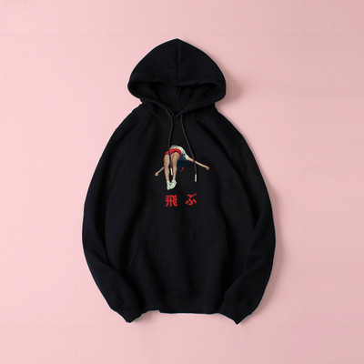 JAPANESE FLYING SCHOOL GIRL HOODIE IN BLACK