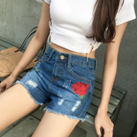 Rose Embroidered Ripped Denim Shorts - Thumbnail 1