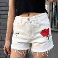 Rose Embroidered Ripped Denim Shorts - Thumbnail 2