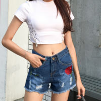 Rose Embroidered Ripped Denim Shorts - Thumbnail 4