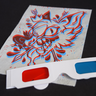 "long live 3d" lino print