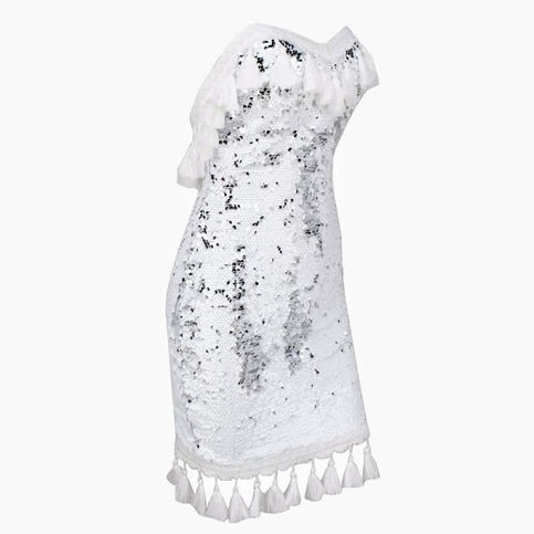 Strapless Silver White Reversible Sequins With Pom Pom Dress