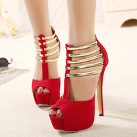 Classy Red and Gold Peep toe High Heels Sandals - Thumbnail 2