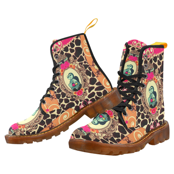 Picasso Style with Giraffe Print & Flowers Canvas Combat Boots
