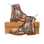 Picasso Style with Giraffe Print & Flowers Canvas Combat Boots-1