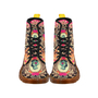 Picasso Style with Giraffe Print & Flowers Canvas Combat Boots-4
