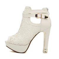 White Lace Design Chunky Heel Peep Toe Fashion Sandals - Thumbnail 3