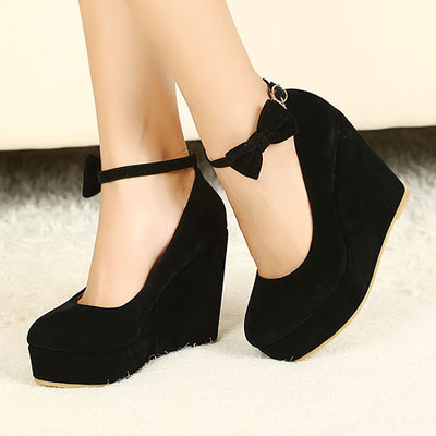 Wedges Black Suede Ankle Strap Pumps