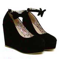 Wedges Black Suede Ankle Strap Pumps - Thumbnail 2