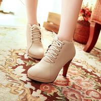 Lace up Beige Ankle Boots - Thumbnail 1