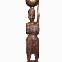 Hand Carved African Woman Carrying Earthen Pot, Traditional Ghanaian Sculpture   - Thumbnail 2