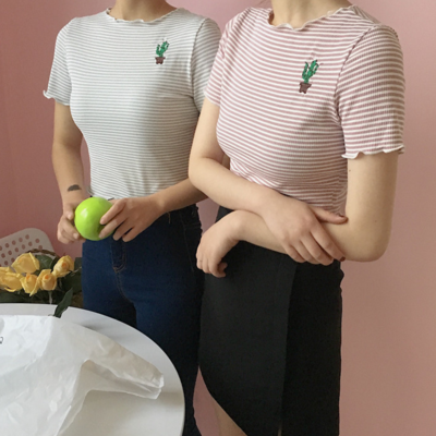 Cactus embroidered stripes t-shirt