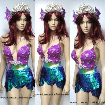 Disney Princess Ariel Iridescent Dragon Scale Mermaid Siren Cosplay Dance Costume Rave Bra Wear Halloween