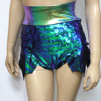 Disney Princess Ariel Iridescent Green Dragon Scale Mermaid High Waisted Sequin Shorts with Band Cosplay Dance Costume Rave Bra Wear Halloween - Thumbnail 2