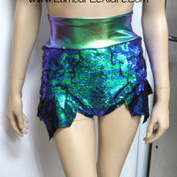 Disney Princess Ariel Iridescent Green Dragon Scale Mermaid High Waisted Sequin Shorts with Band Cosplay Dance Costume Rave Bra Wear Halloween - Thumbnail 3