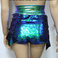 Disney Princess Ariel Iridescent Green Dragon Scale Mermaid High Waisted Sequin Shorts with Band Cosplay Dance Costume Rave Bra Wear Halloween - Thumbnail 4